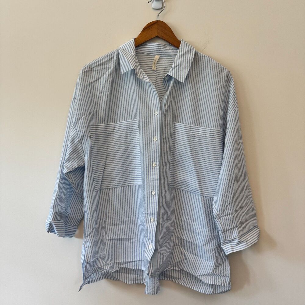 Yargici Women's Blue White Striped Button Down Blouse Size S